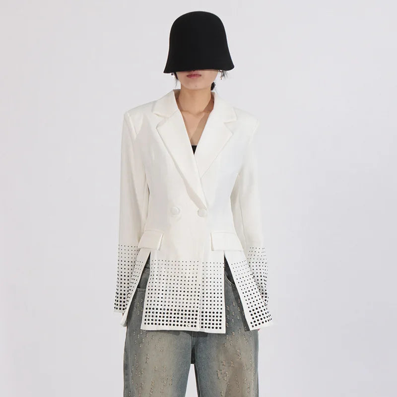 2026 Spring Autumn New Women's Blazer Notched Collar Double Breasted Split Studded Diamonds High-end Elegant Jacket HK18785
