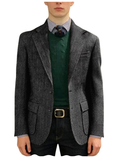 Men's Herringbone Tweed Blazer Classic Fit 2-Button Notch Lapel Flap Pockets Suit Jacket Casual Daily Business Men Sport Coat