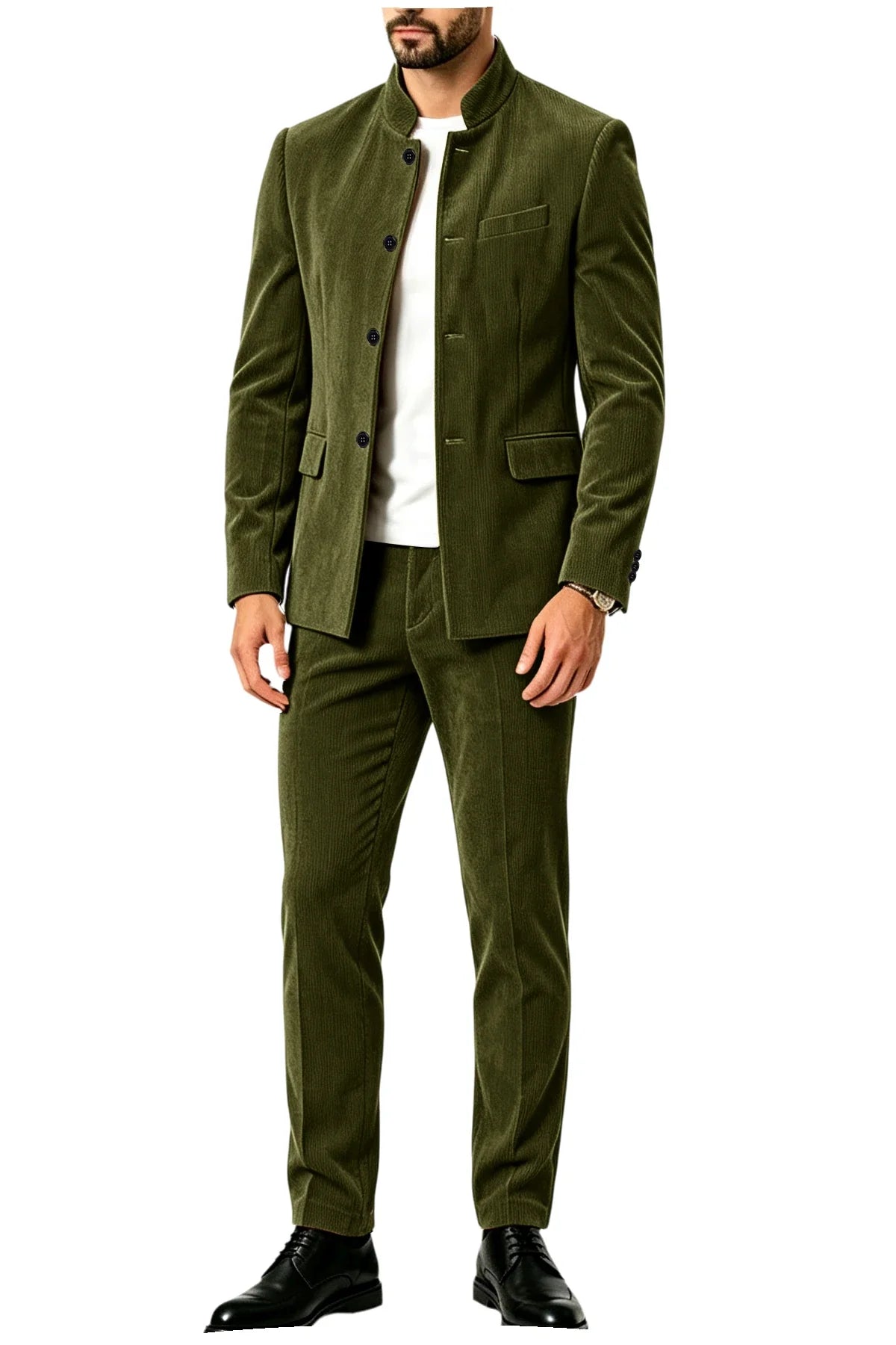 Men's Corduroy 2-Piece Suit – Mandarin Collar Single Breasted Blazer & Pants for Business & Formal Occasions