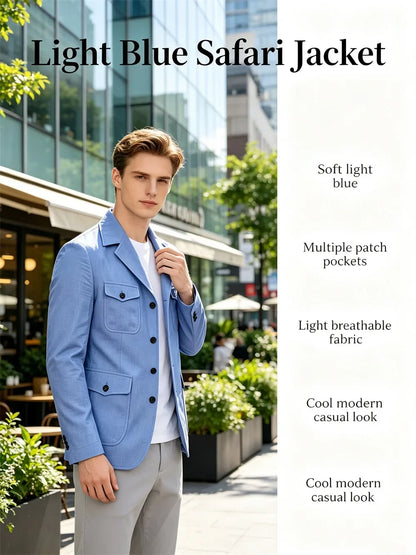 Men's Linen Safari Blazer Four Flap Pockets Slim Soft Jacket Casual Business Coat For Street Outdoor Vacation Party Daily Travel