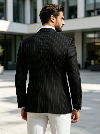 Men Striped Double Breasted Suit Jacket Notch Lapel Business Slim Fit Formal Blazer Elegant Lightweight Dress Coat For Prom Work