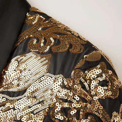 Men's Luxury Gold Sequins Suit Jacket Shawl Lapel Slim Wedding Party Blazers Bar Stage Singer Concert Glitter Tuxedo Dress Coat