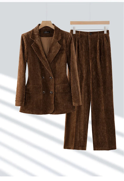 Pleuche Women Suits Office Sets 2024 Autumn New Fashion Notched Double Breasted Blazers Vintage Casual Wide Leg Pants Suits