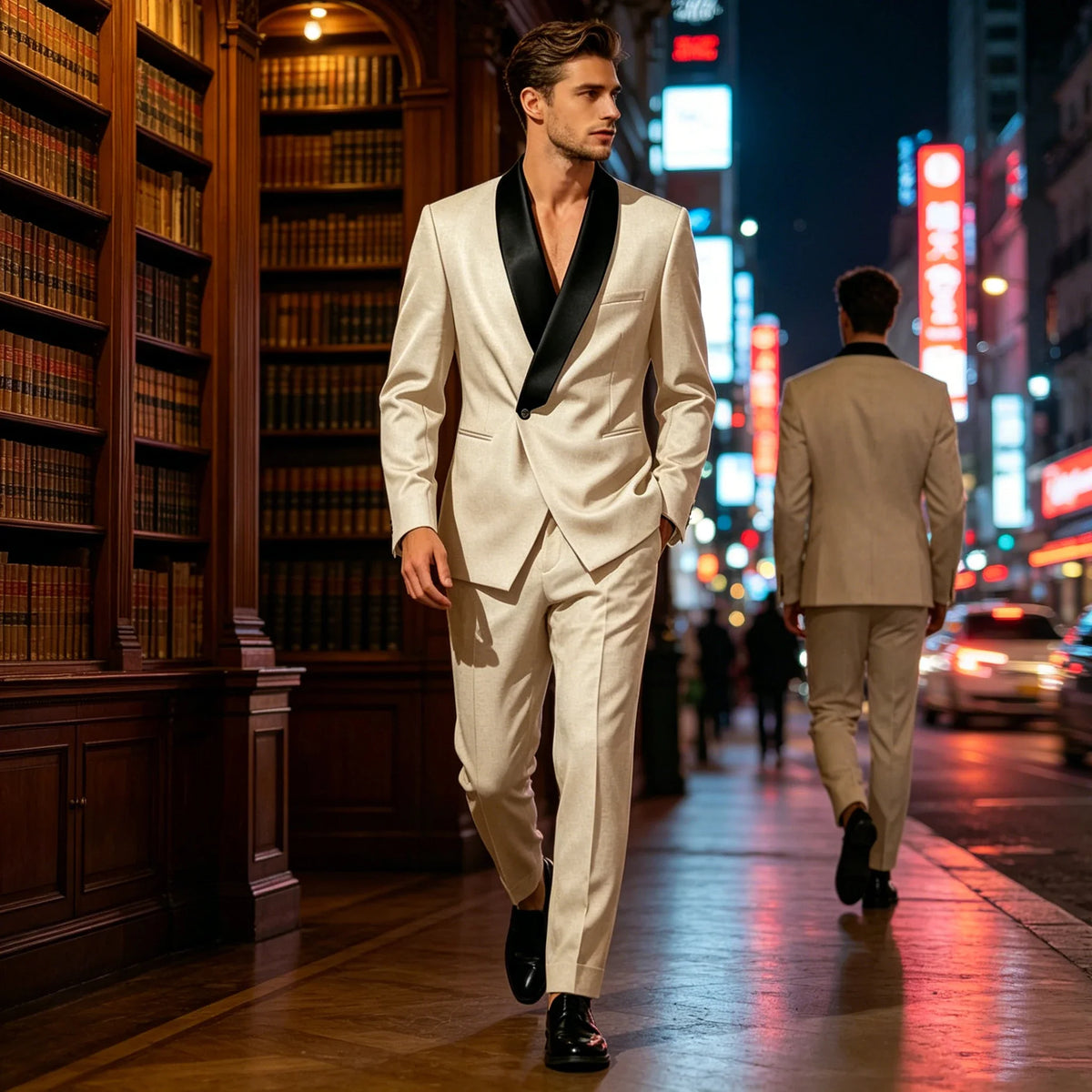 Men's Slim Fit Tuxedo Suit with Black Satin Shawl Lapel – 2-Piece Blazer & Pants for Wedding, Prom & Formal Events