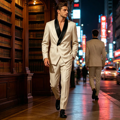 Men's Slim Fit Tuxedo Suit with Black Satin Shawl Lapel – 2-Piece Blazer & Pants for Wedding, Prom & Formal Events