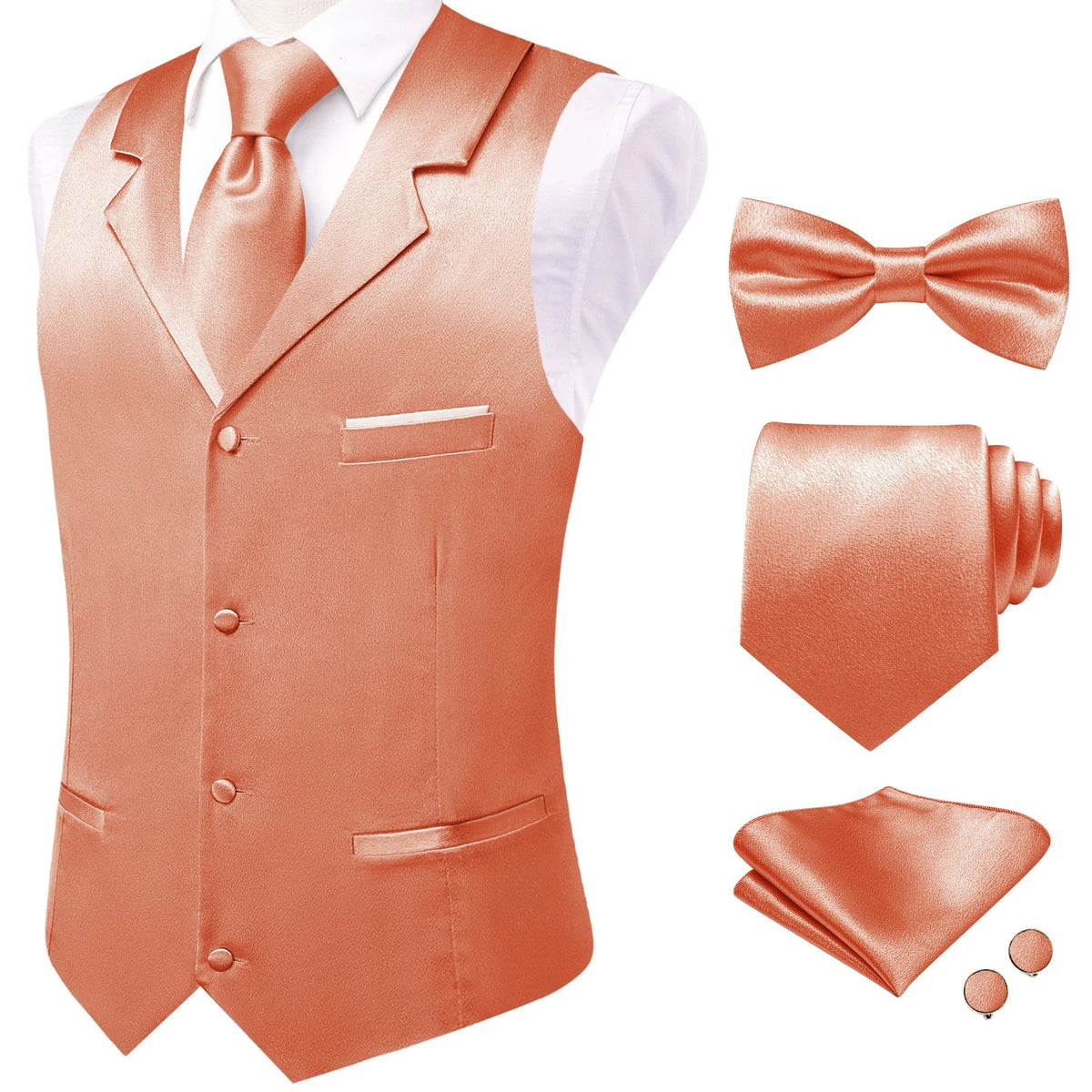 Men's Satin Waistcoat 5-Piece Set with Rose Gold Lapel – Vest, Necktie, Bow Tie, Pocket Square & Cufflinks