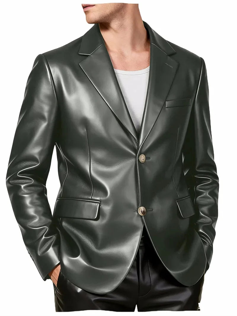 Men's Faux Leather Blazer Single Breasted Slim Jacket Fit Formal Outer Jacket for Business Wedding Party Business Daily Wear