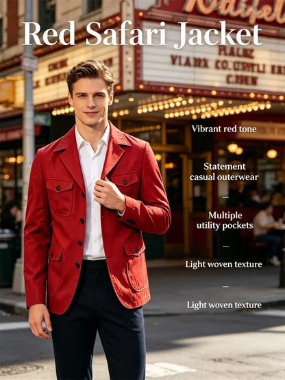 Men's Linen Safari Blazer Four Flap Pockets Slim Soft Jacket Casual Business Coat For Street Outdoor Vacation Party Daily Travel