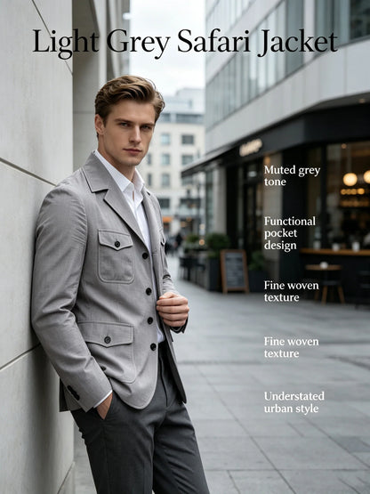 Men's Linen Safari Blazer Four Flap Pockets Slim Soft Jacket Casual Business Coat For Street Outdoor Vacation Party Daily Travel