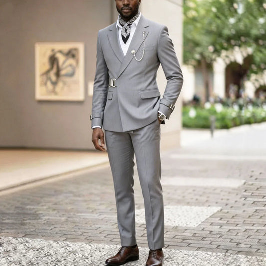 Men Suit Gray 2 Pieces With Lapel Solid For Wedding Groom Party Prom Birthday Banquet Business Work Set Jacket With Pants