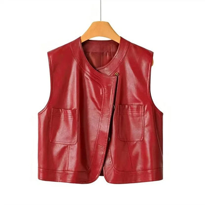 Pu Leather Vest Women Short Sleeveless Jacket 2026 Autumn New Solid Single-breasted Female Imitation Leather Waistcoat Outerwear