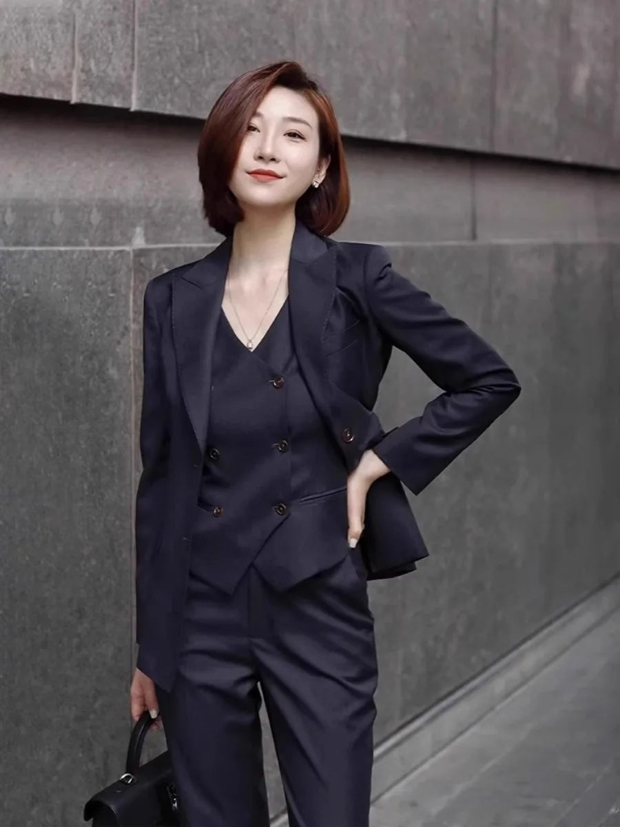 Formal Navy Blue Women 3 Piece Suit Single Breasted Peak Lapel Coat Vest Pants Custom Casual Party Prom Women Dress Pant Suits