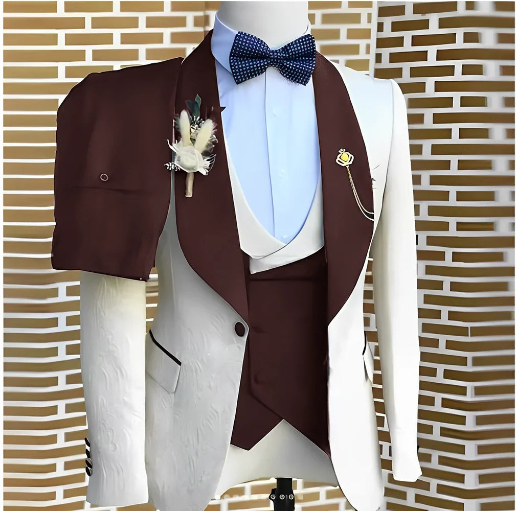 White Jacquard Elegant suits Men For Wedding Formal Jacket Vest Pants 3 Pieces Groomsman Tuxedos Tailored Male Fashion Clothing