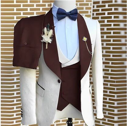 White Jacquard Elegant suits Men For Wedding Formal Jacket Vest Pants 3 Pieces Groomsman Tuxedos Tailored Male Fashion Clothing