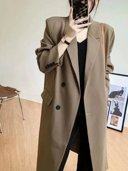 Elegant Women's Basic Solid Color Single Breasted Loose Casual Long Suit Jacket 2025 Spring Autumn Premium Trench Black Coat