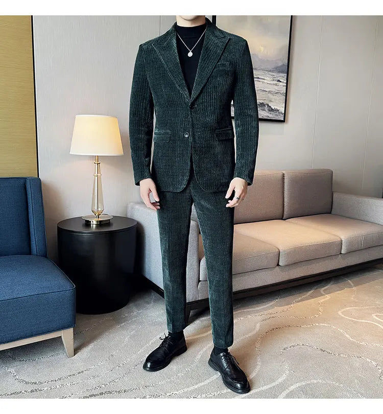 ( Jacket+Pants) Men Corduroy Suit Two-Piece Set High Quality Italian Style Business Suit Luxury Men Formal Wedding Groom Tuxedos