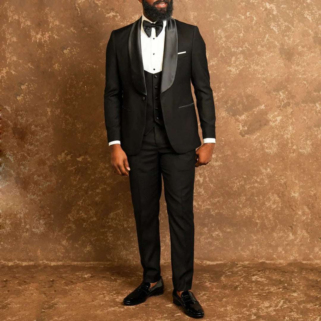 Men Suit Black 3 Pieces Single Button With Bright Lapel For Wedding Party Birthday Banquet Business Work Jacket Vest Pants