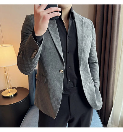 2024 Spring Plaid Blazers Men Single Breasted Casual Business Suit Jacket Fashion Slim Social Banquet Wedding Groom Dress Coats