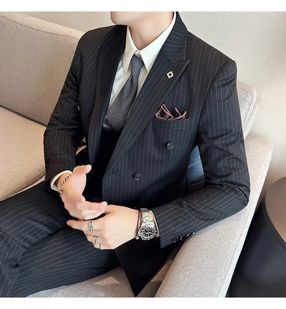 (Jacket + Vest + Pants)Three Piece Set Men Blazers Set stripe Suits Busines Casual Slim Fit Formal Dress Groom Tuxedo Wedding
