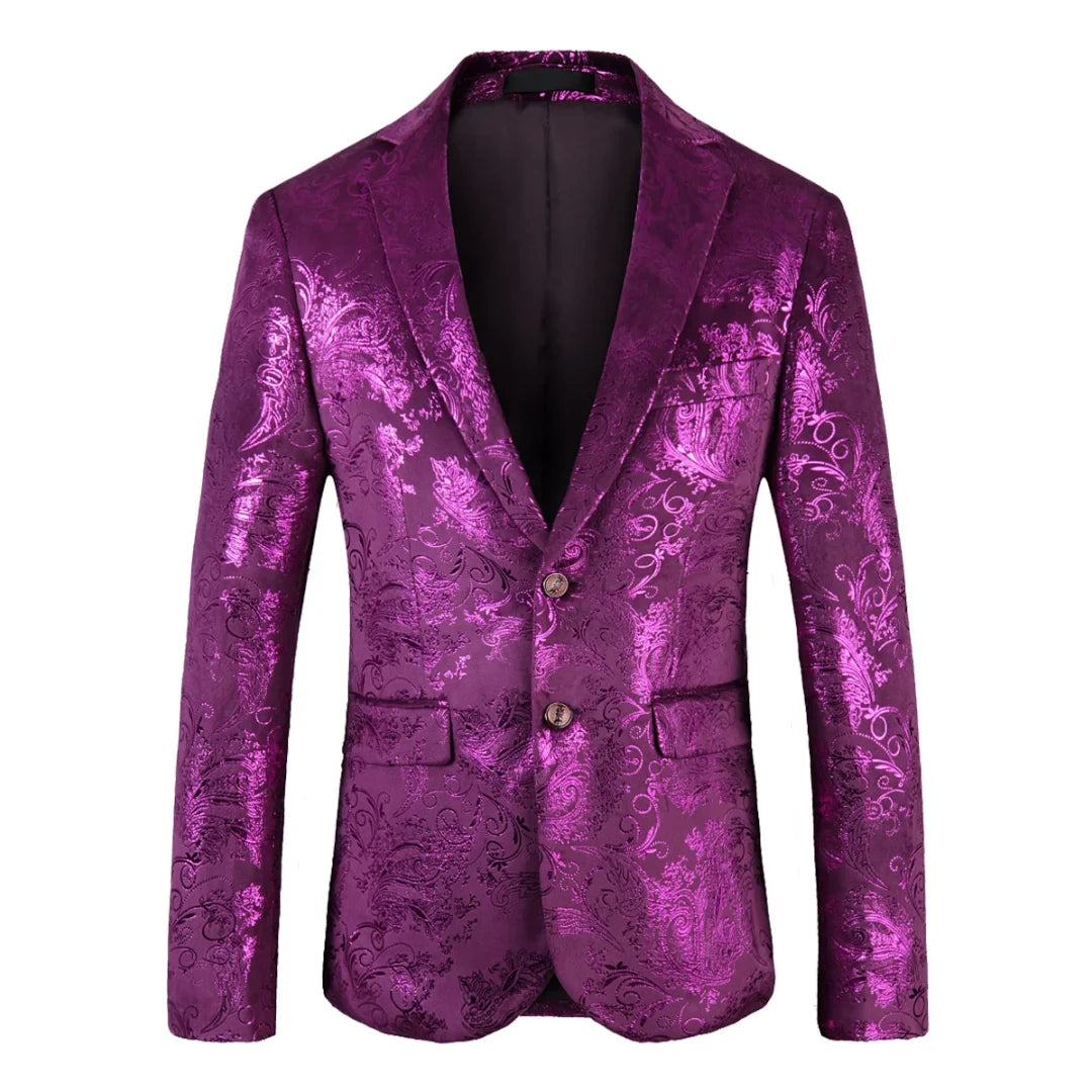 Men's Suit Jacket Black Gold Floral Applique Single Button for Wedding Party Performance