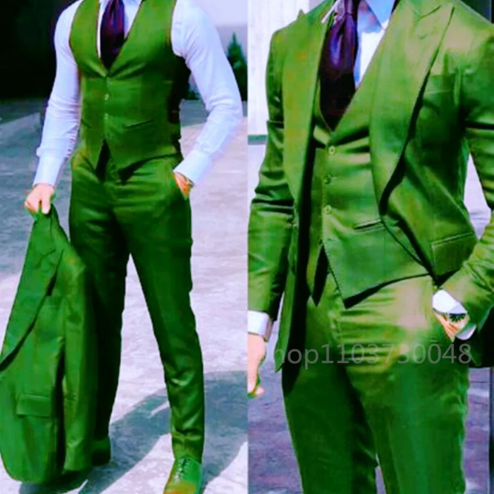 3PCS Men's Formal Tuxedo Set with Peaked Lapel Blazer Vest Pant Fashion Business Suits For Party Wedding Groom