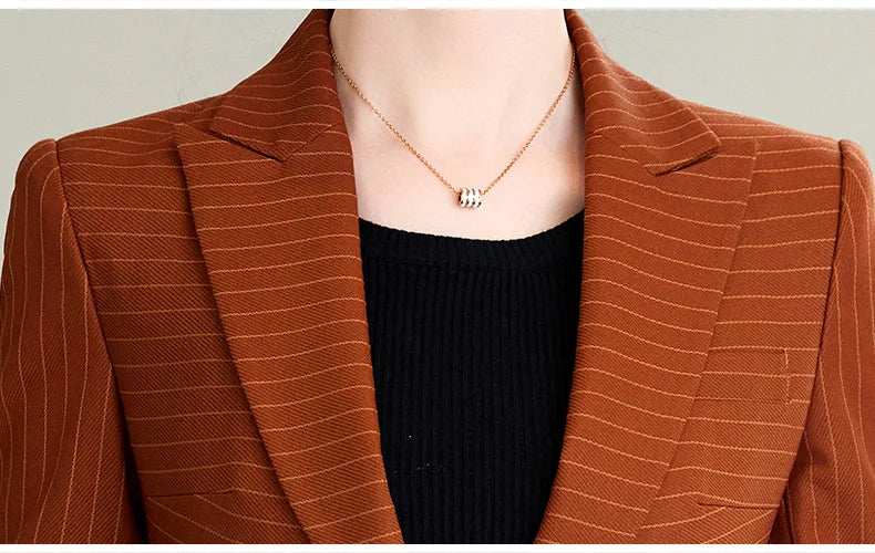 Caramel Green Striped Ladies Pant Suit 2025 Autumn Women Business Work Wear Single Button Jacket and Trouser Blazer 2 Piece Set