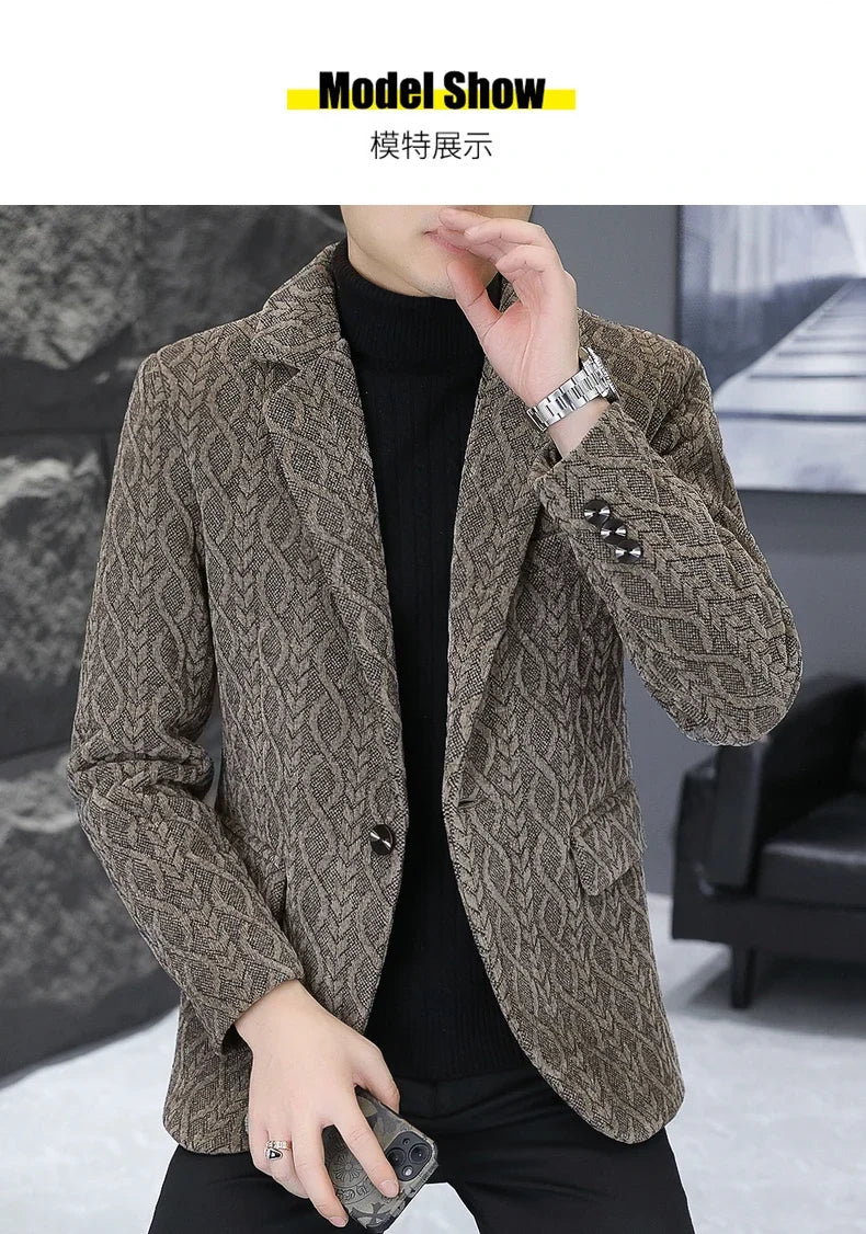 Blazer Autumn/Winter Golden Sable Velvet and Cotton Thickened Thermal Small Suit Fashion Business Men's Slim Blazer