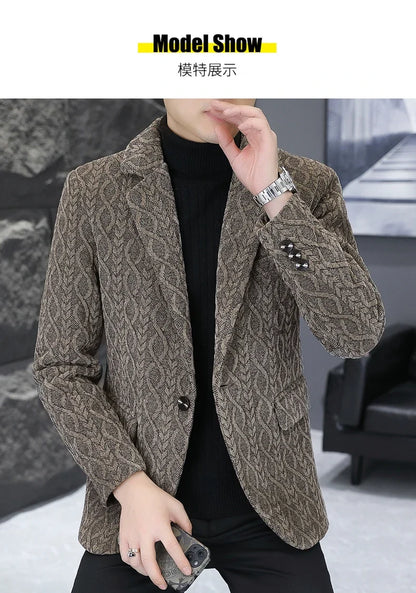 Blazer Autumn/Winter Golden Sable Velvet and Cotton Thickened Thermal Small Suit Fashion Business Men's Slim Blazer
