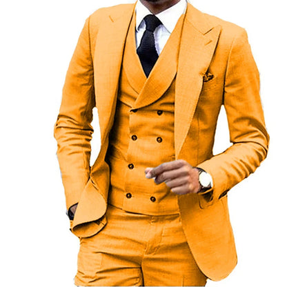 Costume de Lin 3 Pièces Blazer Gilet et Pantalon Ensemble de Smoking Ajusté pour Garçons d'Honneur Robes de Soirée Élégantes Gilet Style Rétro avec Col en V