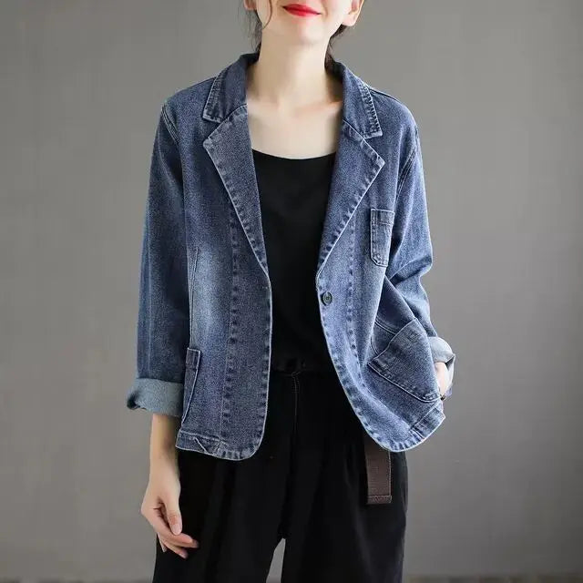 Women's Casual Denim Blazer Loose Fit Notched Lapel Single Button Jean Jacket