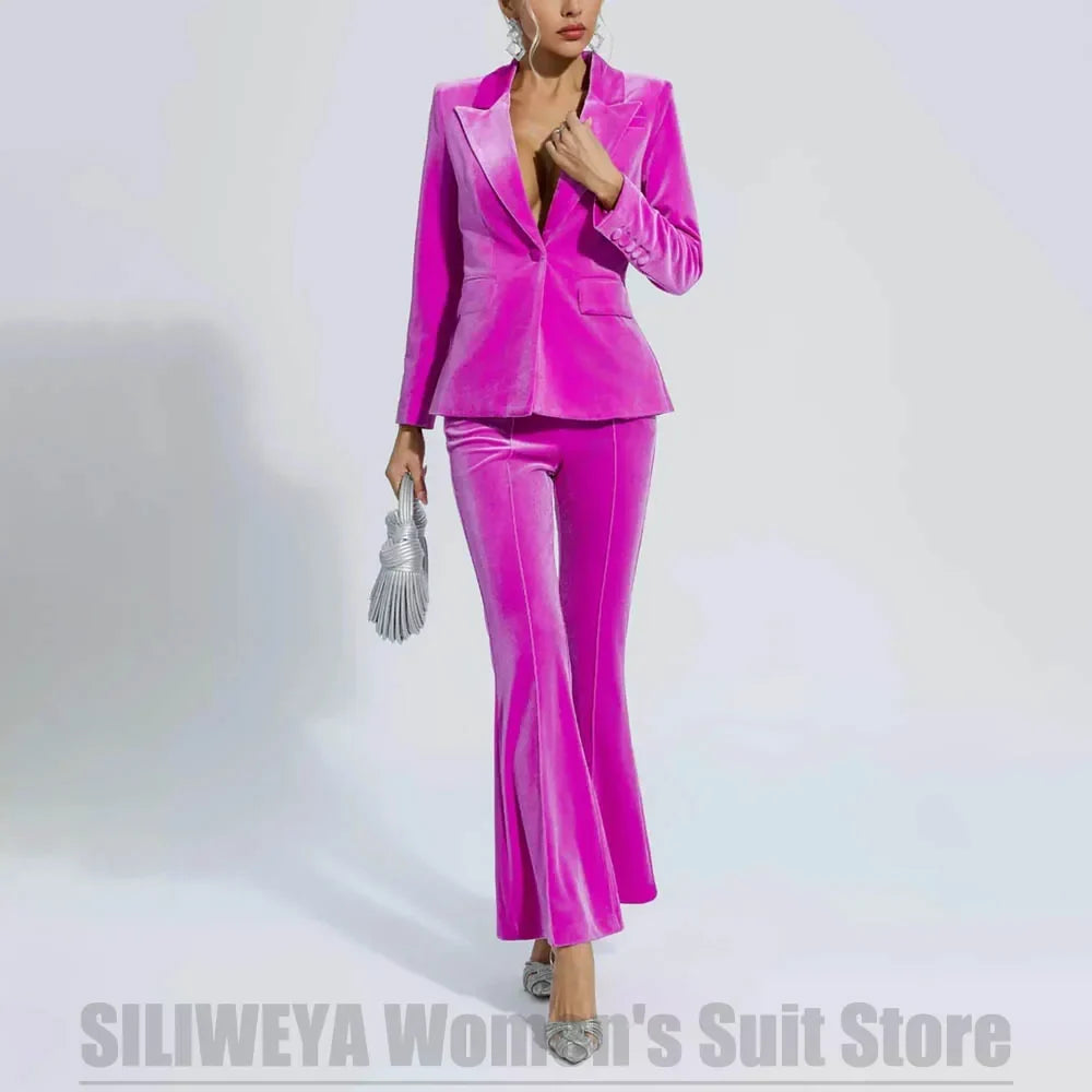 Fashion Velvet Women's Suit 2 Piece Single Button Peak Lapel Office Daily Casual Wear Elegant Formal Evening Party Ladies Suits
