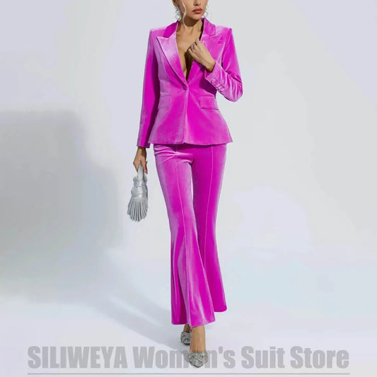 Fashion Velvet Women's Suit 2 Piece Single Button Peak Lapel Office Daily Casual Wear Elegant Formal Evening Party Ladies Suits