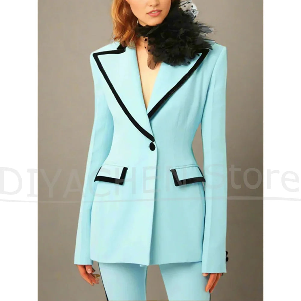 New Women's Suit Set with Black Trim Fashion Blazer with Flared Pants Two Piece Vintage Elegant Wedding Party Prom Suits