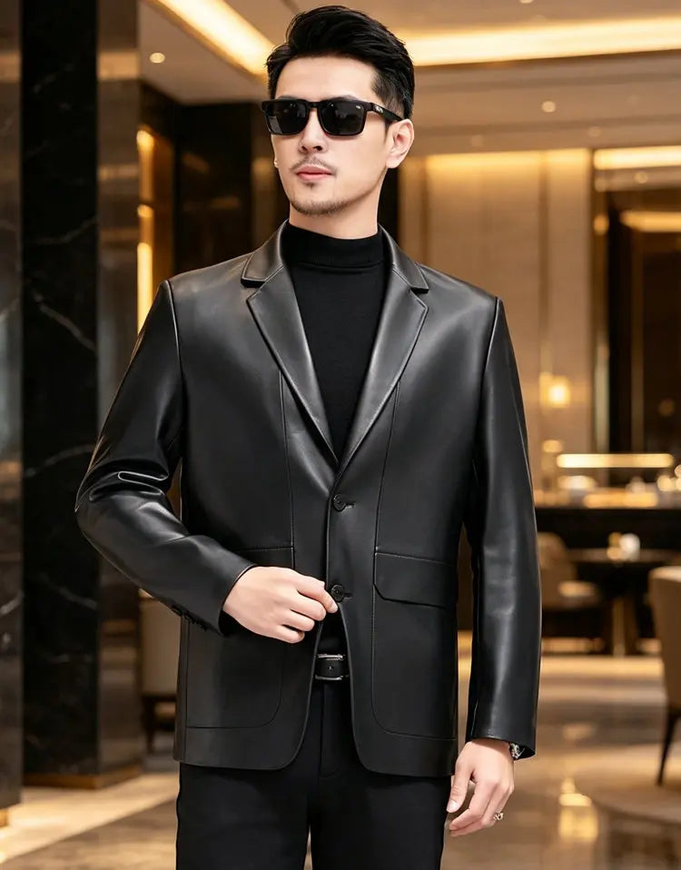 Genuine Leather Jacket Men's Sheepskin Suit Collar Midlife Leather Coat Business Casual Western Style Men's Single-Breasted Top