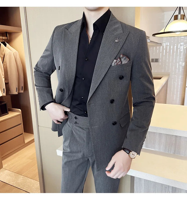 (Blazer + Trousers) Fashion Double Breasted Design Slim Men's Suit Italian Style Luxury Wedding Social Party Tuxedo 2 Piece Set
