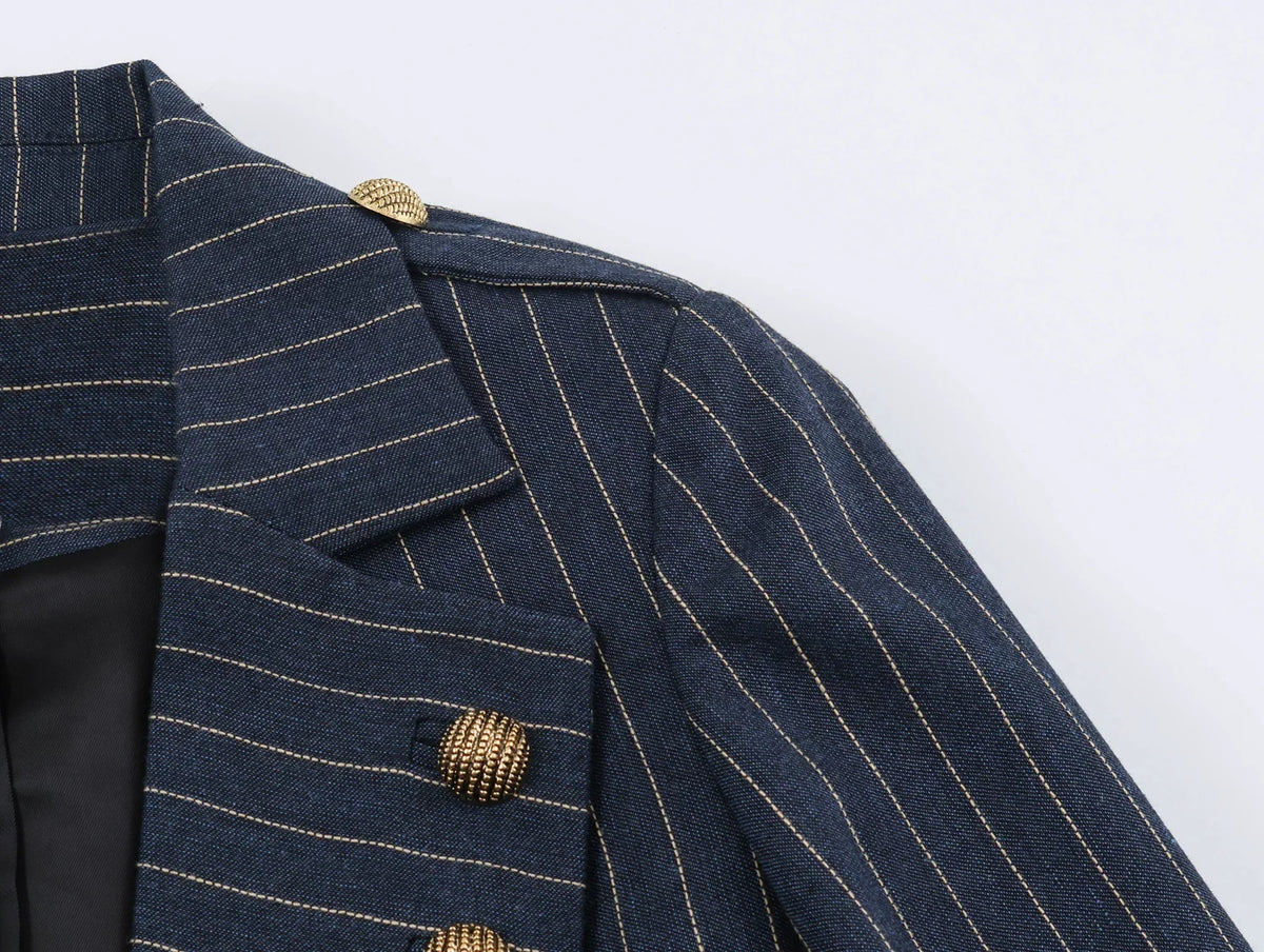 2026 Fashion Women's  Navy Pinstripe Blazer Autumn Elegant Female Long Sleeves Button Military Style Slim Suit Jacket