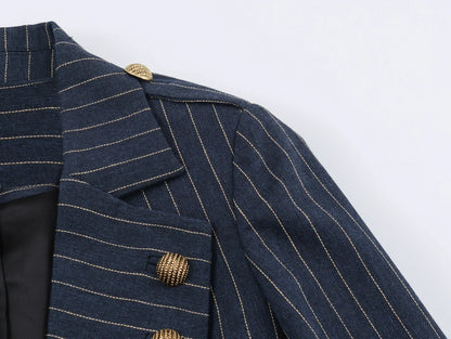 2026 Fashion Women's  Navy Pinstripe Blazer Autumn Elegant Female Long Sleeves Button Military Style Slim Suit Jacket
