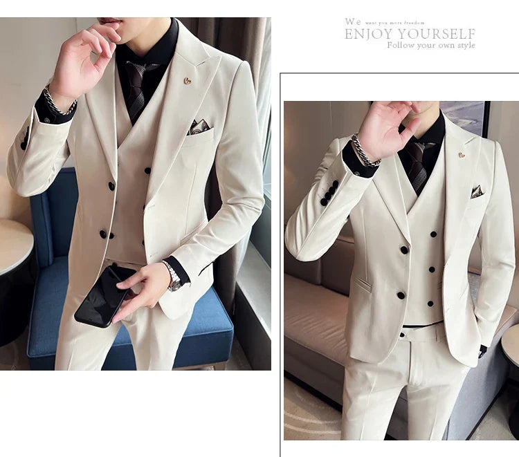 (Blazer+ Vest + Trousers) 2023 Latest Design Double Breasted Vest Men's Suit High Quality Business Simple Casual Dress Wedding