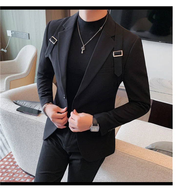 2024 Autumn Winter New Strap Decoration Suit Jacket for Men Fashion Slim Casual Business Blazers Groom Wedding Social Tailcoat