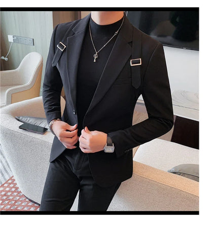 2024 Autumn Winter New Strap Decoration Suit Jacket for Men Fashion Slim Casual Business Blazers Groom Wedding Social Tailcoat