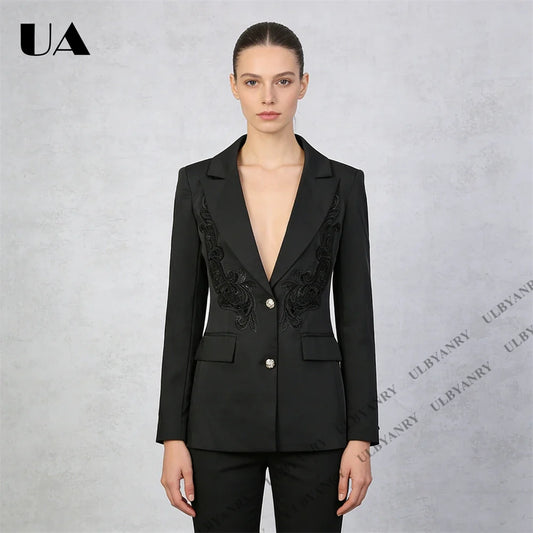 Black Embroidery Suit Jacket for Women Single-Breasted Slim Fit Formal Evening Prom Suit Blazer Actual Pictures