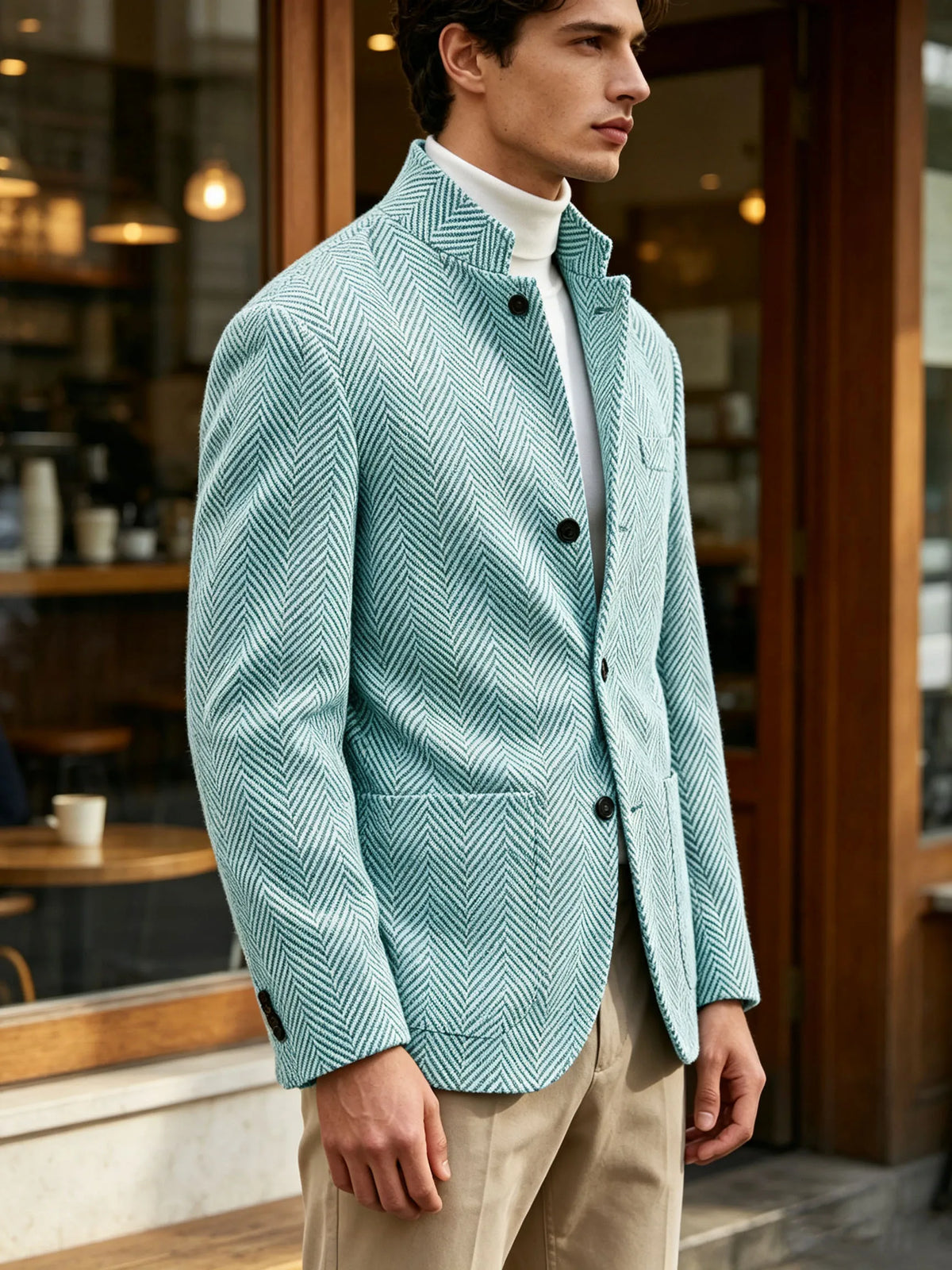 Men's Herringbone Tweed Stand Collar Blazer  Notch Lapel Slim Fit Wool Blend Sport Coat Business Casual Wedding Prom Man Jackets