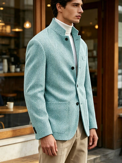 Men's Herringbone Tweed Stand Collar Blazer  Notch Lapel Slim Fit Wool Blend Sport Coat Business Casual Wedding Prom Man Jackets