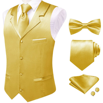 Men's Satin Waistcoat 5-Piece Set with Rose Gold Lapel – Vest, Necktie, Bow Tie, Pocket Square & Cufflinks