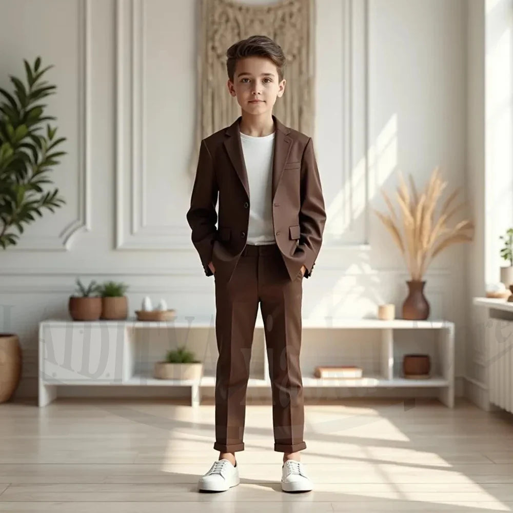 Brown Boys 2 Piece Suit Casual Formal Wear Blazer and Pants Slim Fit Daily Party Wedding Guest Fashion Comfortable Outfit