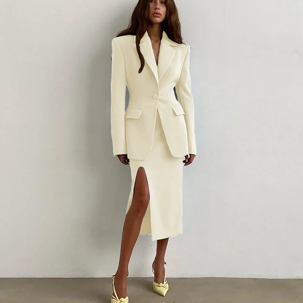 Professional Women's Single Button Notch Lapel Blazer Suit Side Slit Midi Skirt Set Elegant Party Office Fashion 2Piece Outfit