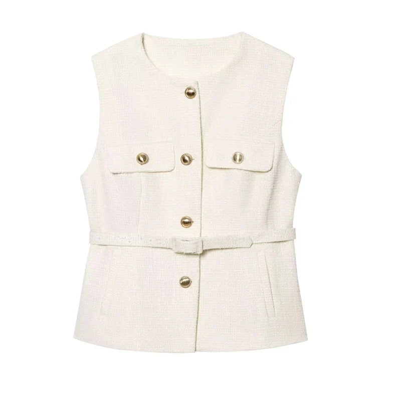 2025 Women's Vest Jackets Cropped Sleeveless Vest Woman Outerwears Belt Summer Casual Coats Black Pink Vest Button Jacket