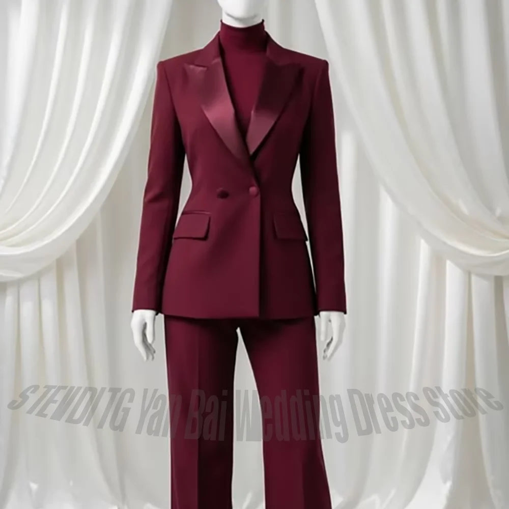 Burgundy Women's Suit Satin Lapel 2 Pieces Double Breasted Slim Blazer Solid Color Outfit For Wedding Business Office Formal