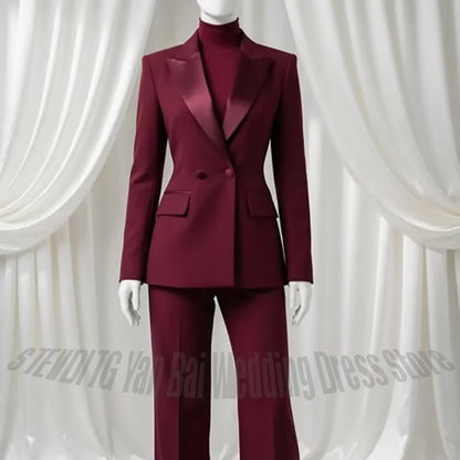 Burgundy Women's Suit Satin Lapel 2 Pieces Double Breasted Slim Blazer Solid Color Outfit For Wedding Business Office Formal