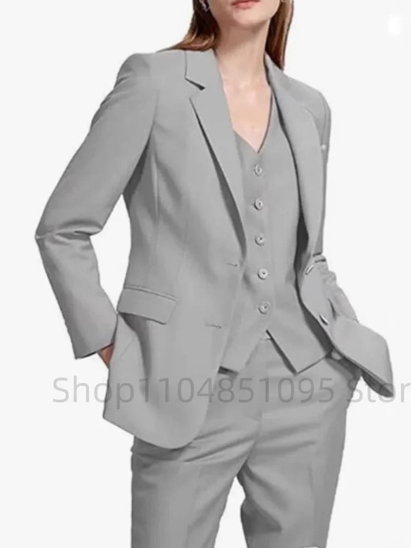 Office Ladies Pantsuits Solid Women Business Classic Single Breasted Flared Pants Blazer Vest Pants Three Piece Set Formal Suit